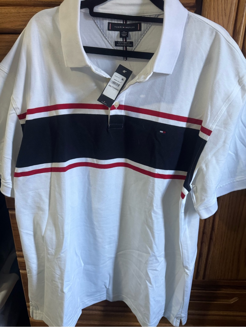 Tommy Hilfiger White Polo with Black Chest Band and Red Stripe
